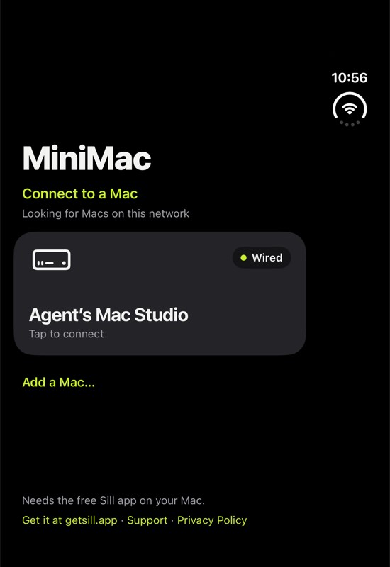 MiniMac connect screen with the Mac Studio listed as Wired