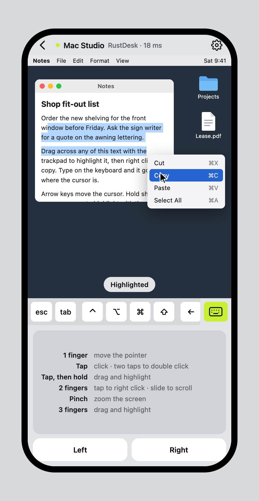 Mockup showing text highlighted and the right click menu