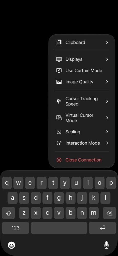 Screens 5 connection menu: Clipboard, Displays, Curtain Mode, Image Quality, Cursor Tracking Speed, Virtual Cursor Mode, Scaling, Interaction Mode, Close Connection